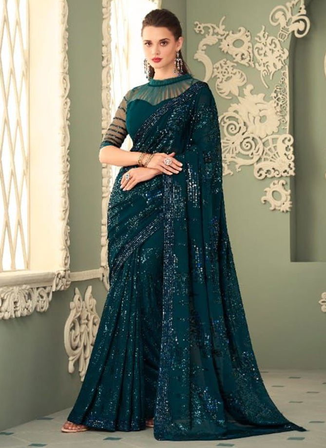 Dark Morpich Colour Sparkle TFH New Latest Designer Party Wear Smooth Georgette Saree Collection 7211